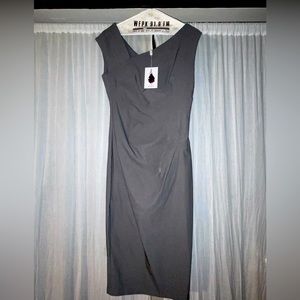 Gray fitted dress Lg, back slit, side pleats on bodice, asymmetrical neckline